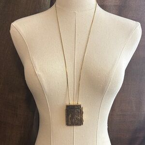 1928 Vintage Gold-Tone Ornate Book Locket on Long Chain